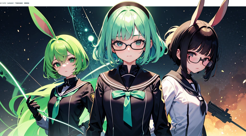 neat figure, {{{3 girl}}}, age girl, very short hair, Air bangs, deep green hair, extremely beautiful detailed anime face and eyes, ^ ^, highly detailed skin, rabbit ears, Round rabbit tail, Black glasses without a frame on top, gun, sailor dress, Long sleeve, white skirt, black background Clothes, Japanese style architecture, space, outdoors, luminous particles, Very detailed CG unified 8k wallpaper, very fine 8KCG wallpaper, hyper quality,