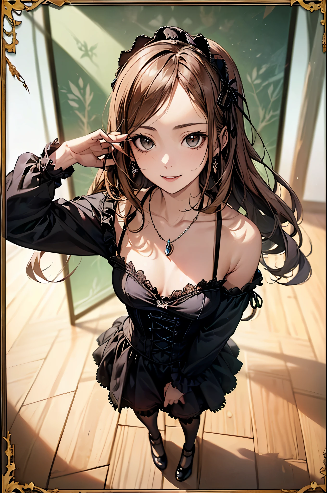 ((Biologically correct number of limbs))、(( Full body photo including face))、4K、((Standing posture))、Masterpiece、((focus on the face))、((Symmetrical facial features))、Eyes with detailed description、Beautiful woman、Outstanding style、Beautiful clavicle、Beautiful legs、Beautiful Hands、Slender Body、(Black Stockings、High heels)、Detailed depiction of faces、Small earrings、necklace、((Gothic ta、Gothic Loli、Sidelong glance、tie、night、(((White frame、White oak、White border photo)))、High angle、smile