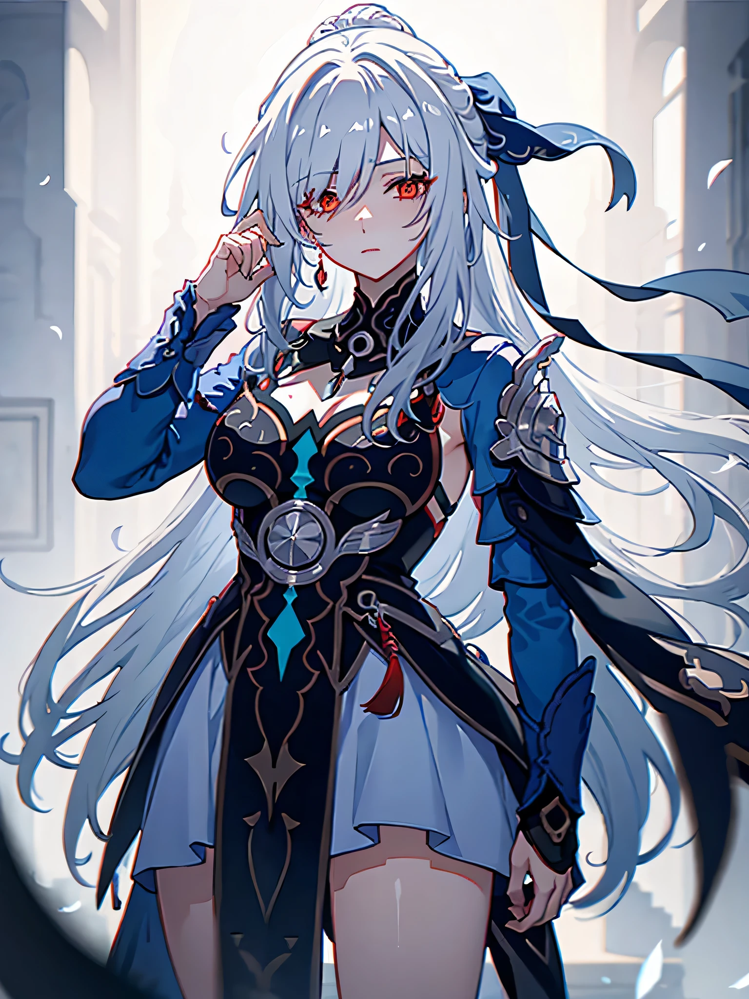 1girl, long white hair, red eyes, official art, unity 8k wallpaper, ultra detailed, beautiful and aesthetic, beautiful, masterpiece, best quality,