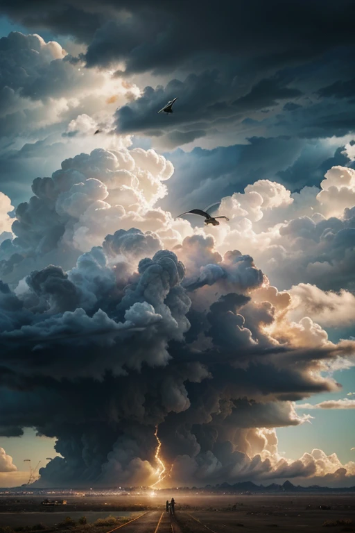 background to post photos, with clouds and sunshine, birds flying far way, beggining a storm, a strong thunder in center, tongue out, surprised, cinematic lighting, perspective, Futurism, UHD, 8k, masterpiece, high details