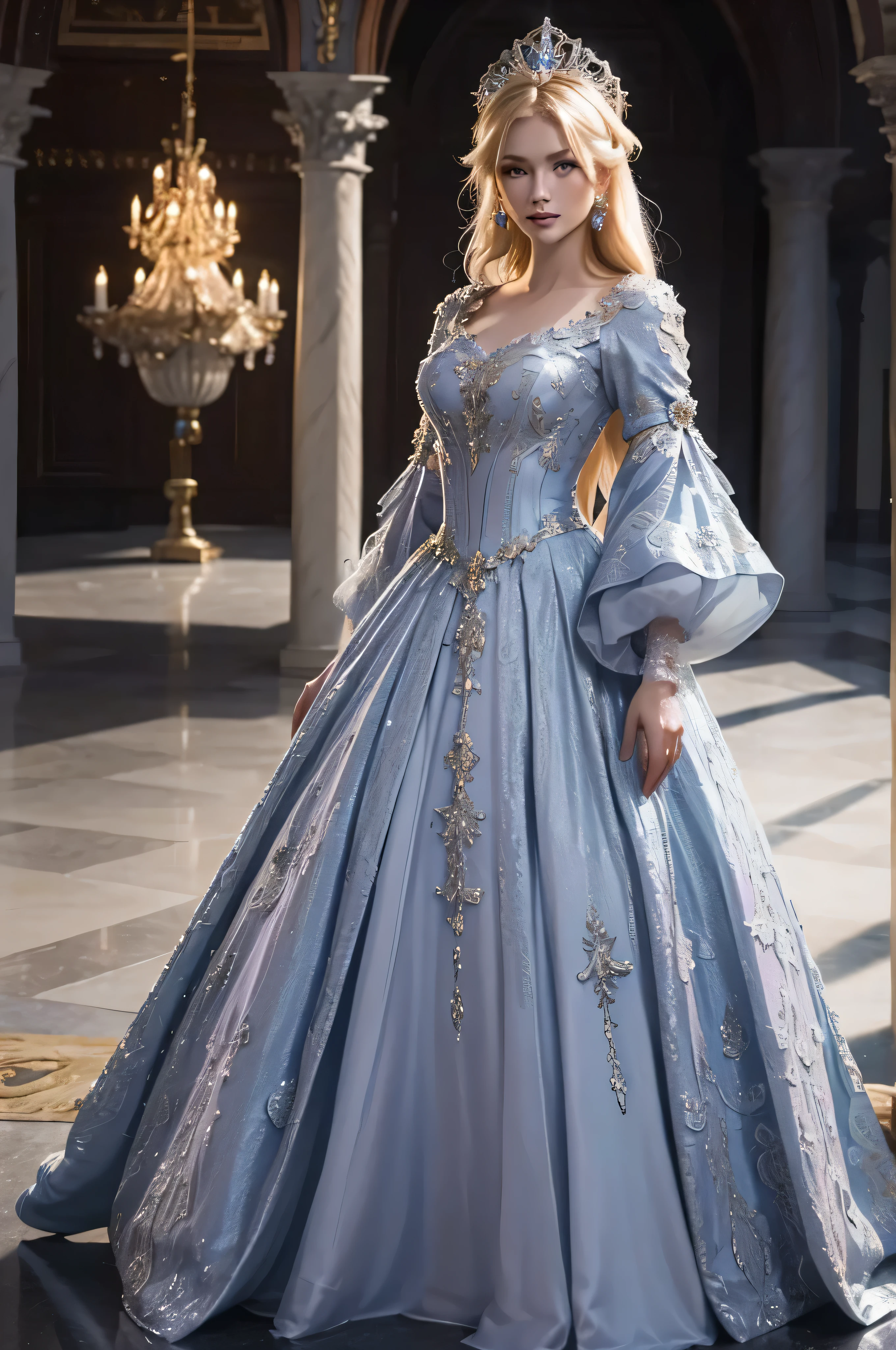 ((top quality、masterpiece、realistic:1.4、In 8K))、beautiful woman、18 years old、Beautiful facial expressions、blond hair、Highly detailed eyes and face、beautiful and delicate eyes、suit gloves、（Gorgeous purple luxury dress in medieval European style、medieval european style headdress)、red dress、luxury accessories、（Woman walking down the hallway of a european style castle）、glass shoeovie lights、textured skin、super detail、high detail、high quality、highest resolution、looking at viewer、Graceful smile、whole body、European、