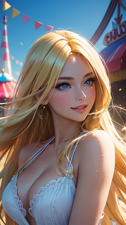 (best quality,ultra-detailed,photo-realistic:1.37),bright and vibrant colors,studio lighting,playful expression,stylish makeup,long blonde hair flowing in the wind,alluring eyes,glossy lips,sexy pose,preppy look, Amusement Park, smiling in a confident and seductive way,posing for a professional photoshoot,shallow depth of field,highlighting the main subject,soft natural lighting,creating a dreamy and magical atmosphere.