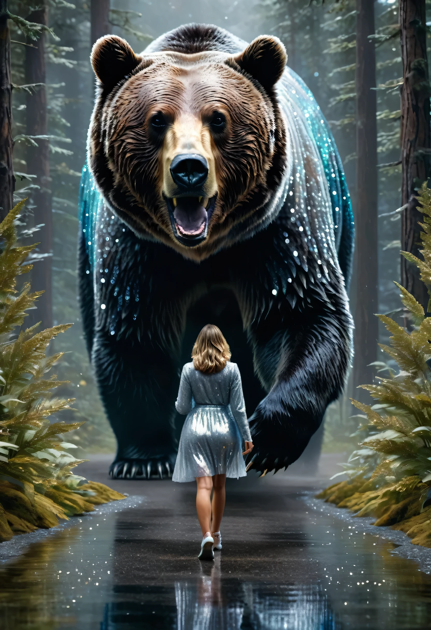 a woman is walking in front of a bear,photorealism,high detail,clear focus,beautiful composition, glitter and glitter,5d, 256k, dark botanical, crystal, high detail, ink, watercolor, fantasy botanical art, triple exposure, intracate details