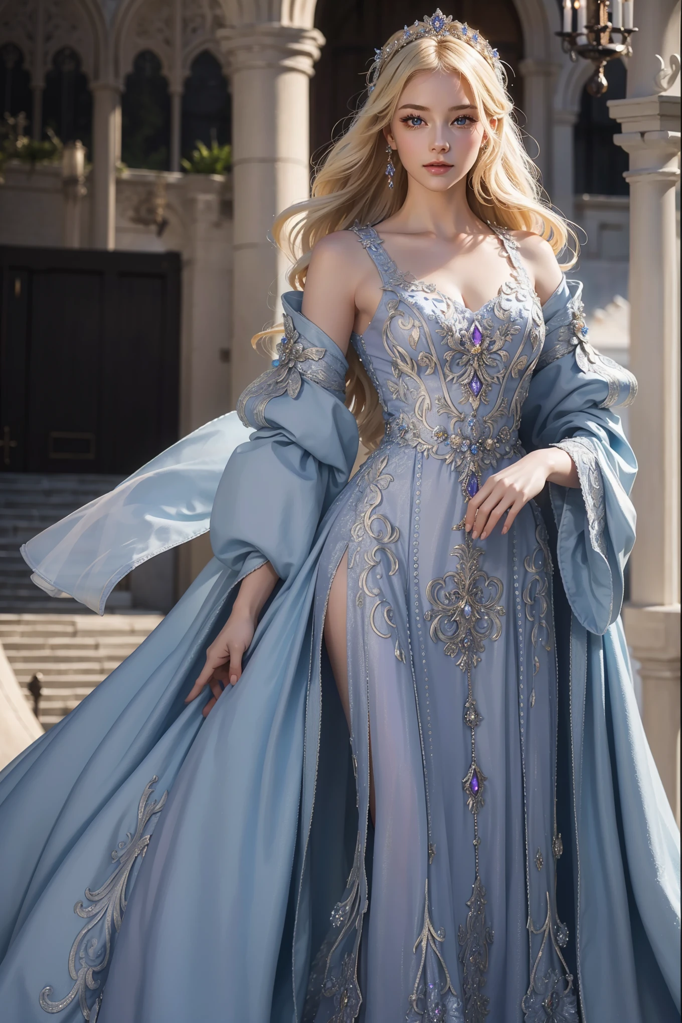 ((top quality、masterpiece、realistic:1.4、In 8K))、beautiful woman、18 years old、Beautiful facial expressions、blond hair、Highly detailed eyes and face、beautiful and delicate eyes、suit gloves、（Gorgeous purple luxury dress in medieval European style、medieval european style headdress)、red dress、luxury accessories、（Woman walking down the hallway of a european style castle）、glass shoeovie lights、textured skin、super detail、high detail、high quality、highest resolution、looking at viewer、Graceful smile、whole body、European、