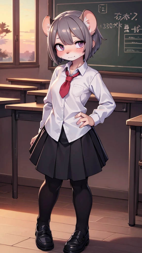 cute女性、Sparkling、blush、Gray rat、cute、short hair、boyish、Sunset、romantic、Embarrassed、Surprised face、shy、High school girls、White shirt、Black long skirt、Black Loafers、Troubled face、Detailed Description、high resolution、High quality、Detailed eyes、Detailed body、classroom、