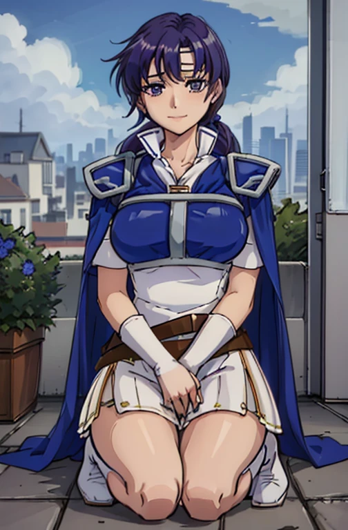 Captivating smile,Kneel with one hand on thigh,head_outside_of_flame,Juno,zettai ryouiki,Thigh-high boots, Pauldrons,White short dress,  breastplate, belt, Elbow hand pockets, Scapula, Blue Cape, white footwear,View your viewers, Short sleeve, Shoulder pads, White Skirt, Circlet, White knee socks,outsidedoors,garden,(masterpiece, highest quality, Very detailed, 最高of影)