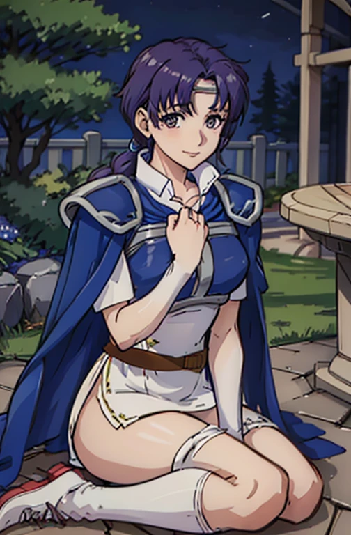 Captivating smile,Kneel with one hand on thigh,head_outside_of_flame,Juno,zettai ryouiki,Thigh-high boots, Pauldrons,White short dress,  breastplate, belt, Elbow hand pockets, Scapula, Blue Cape, white footwear,View your viewers, Short sleeve, Shoulder pads, White Skirt, Circlet, White knee socks,outsidedoors,garden,(masterpiece, highest quality, Very detailed, 最高of影)