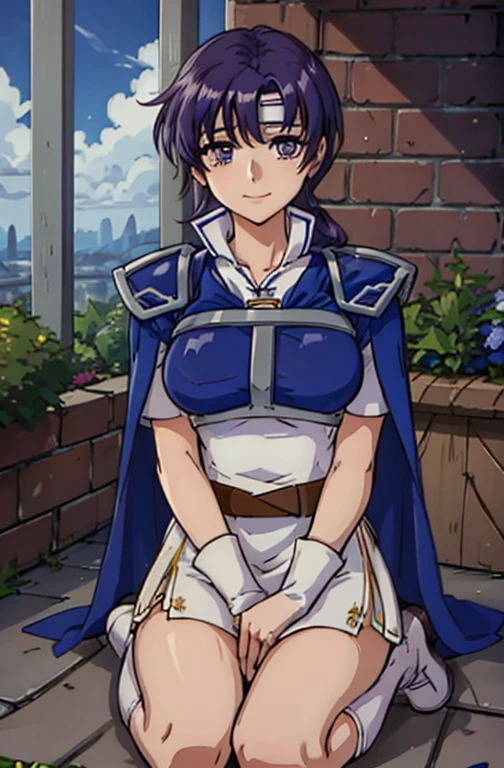 Captivating smile,Kneel with one hand on thigh,head_outside_of_flame,Juno,zettai ryouiki,Thigh-high boots, Pauldrons,White short dress, breastplate, belt, Elbow hand pockets, Scapula, Blue Cape, white footwear,View your viewers, Short sleeve, Shoulder pads, White Skirt, Circlet, White knee socks,outsidedoors,garden,(masterpiece, highest quality, Very detailed, 最高of影)