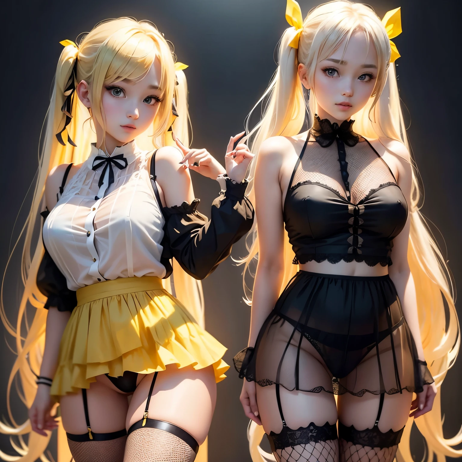 Blonde、Beautiful young woman、Twin tails、Yellow ribbon hair accessory、Realistic beautiful fingers、Black fishnet stockings、Light clothing in summer、Sheer clothing、Attractive clothes、Exposed skin、White fishnet panties