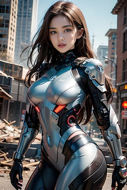 Realistic picture 8k,Masterpiece,Highest quality,Maximum details,anatomy,hips up,Perfect dynamic composition,Bright natural light that is easy on the eyes,1 girl,Long brown hair,alone,Full body tattoo,In a cybernetic suit,In the background, a large machine is in ruins...