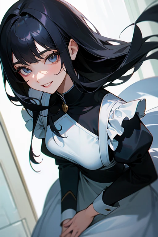 (Highest Resolution, clear_image) highest quality, Single person, One Woman, alone, masterpiece, Very detailed, Semi-realistic, Black Hairのショートヘア, Black Hair, bangs, 18-year-old, mature, light blue uniform, uniform, Indoor Background, kind, Authoritative, powerful, exquisite features, exquisite features、Eyelashes become longer、Showing teeth、smile😀、Maid clothes、Touching hair、Shoulder Bare、