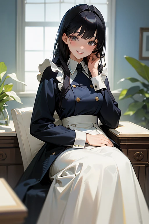 (Highest Resolution, clear_image) highest quality, Single person, One Woman, alone, masterpiece, Very detailed, Semi-realistic, Black Hairのショートヘア, Black Hair, bangs, 18-year-old, mature, light blue uniform, uniform, Indoor Background, kind, Authoritative, powerful, exquisite features, exquisite features、Eyelashes become longer、Showing teeth、smile😀、Maid clothes、Touching hair、Shoulder Bare、