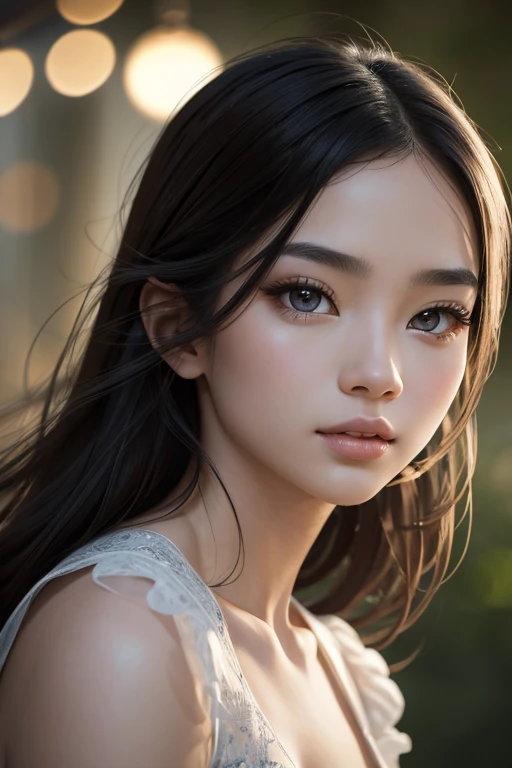 best quality,ultra-detailed,realistic,portrait,beautiful detailed eyes,beautiful detailed lips,young mixed race Asian Caucasian female,porcelain skin,flowing long dark hair,strong facial features,delicate and elegant,graceful posture,bokeh lights,intense gaze,vibrant colors,subtle shading,fine brushwork,digital illustration,single subject,soft diffused lighting,airy and dreamlike atmosphere.