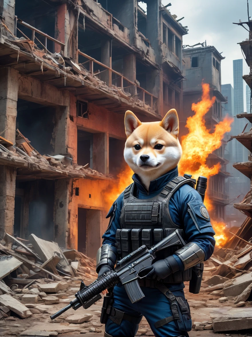 A cyberpunk anthropomorphic Shiba Inu warrior holding an assault rifle，Standing among the ruins of a dilapidated urban environment，Behind are collapsed buildings and broken walls，Dramatic light，Dark and eerie atmosphere，Fine details，Best quality，8k，high resolution，(masterpiece:1.2)，Super Detail，(1.4x more realism)，HDR，Professional摄影棚照明，Ultra-fine，Clear depth of field，Physically Based Rendering，Extremely detailed description，Professional，Vivid colors，Film texture