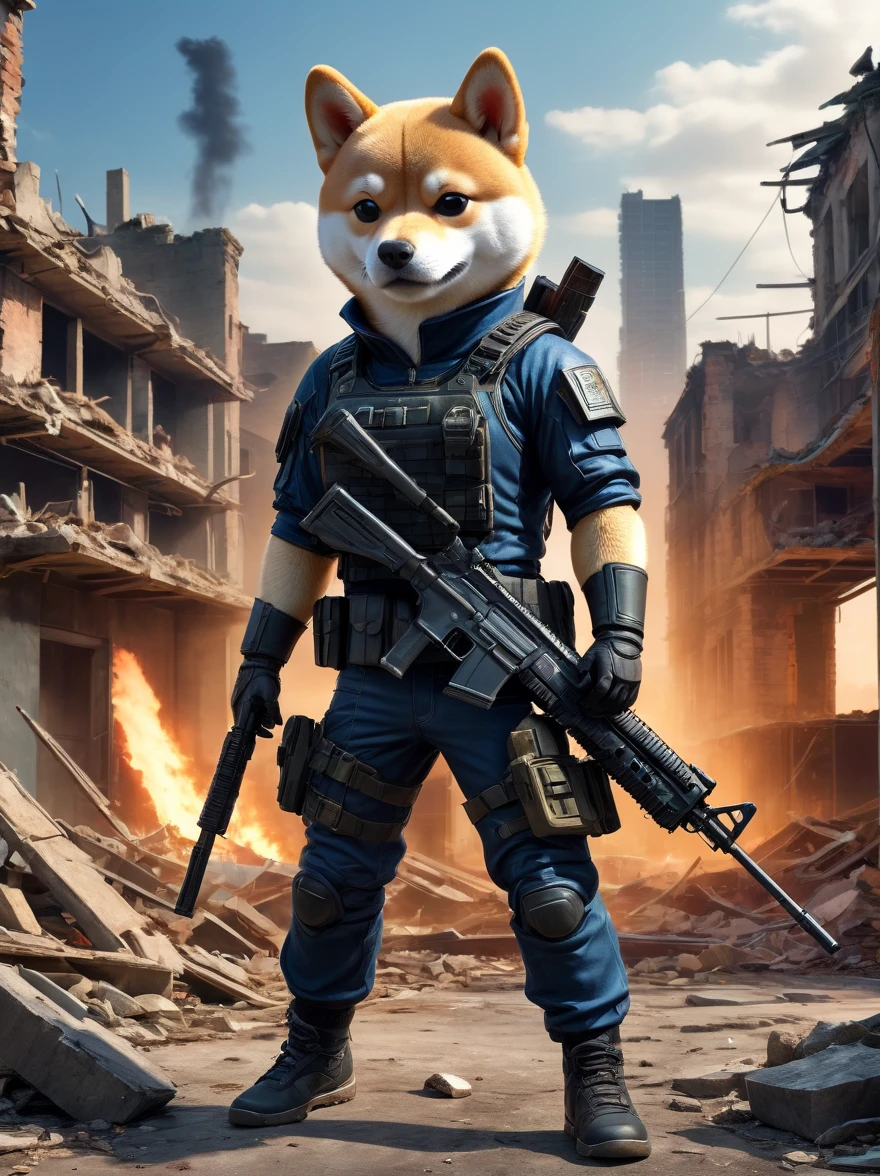 A cyberpunk anthropomorphic Shiba Inu warrior holding an assault rifle，Standing among the ruins of a dilapidated urban environment，Behind are collapsed buildings and broken walls，Dramatic light，Dark and eerie atmosphere，Fine details，Best quality，8k，high resolution，(masterpiece:1.2)，Super Detail，(1.4x more realism)，HDR，Professional摄影棚照明，Ultra-fine，Clear depth of field，Physically Based Rendering，Extremely detailed description，Professional，Vivid colors，Film texture