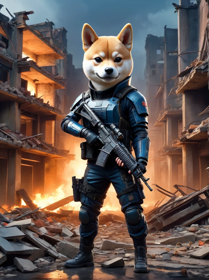 A cyberpunk anthropomorphic Shiba Inu warrior holding an assault rifle,Standing among the ruins of a dilapidated urban environment,Behind are collapsed buildings and broken walls,Dramatic light,Dark and eerie atmosphere,Fine details,Best quality,8k,high resolution,(masterpiece:1.2),Super Detail,(1.4x more realism),HDR,Professional摄影棚照明,Ultra-fine,Clear depth of field,Physically Based Rendering,Extremely detailed description,Professional,Vivid colors,Film texture