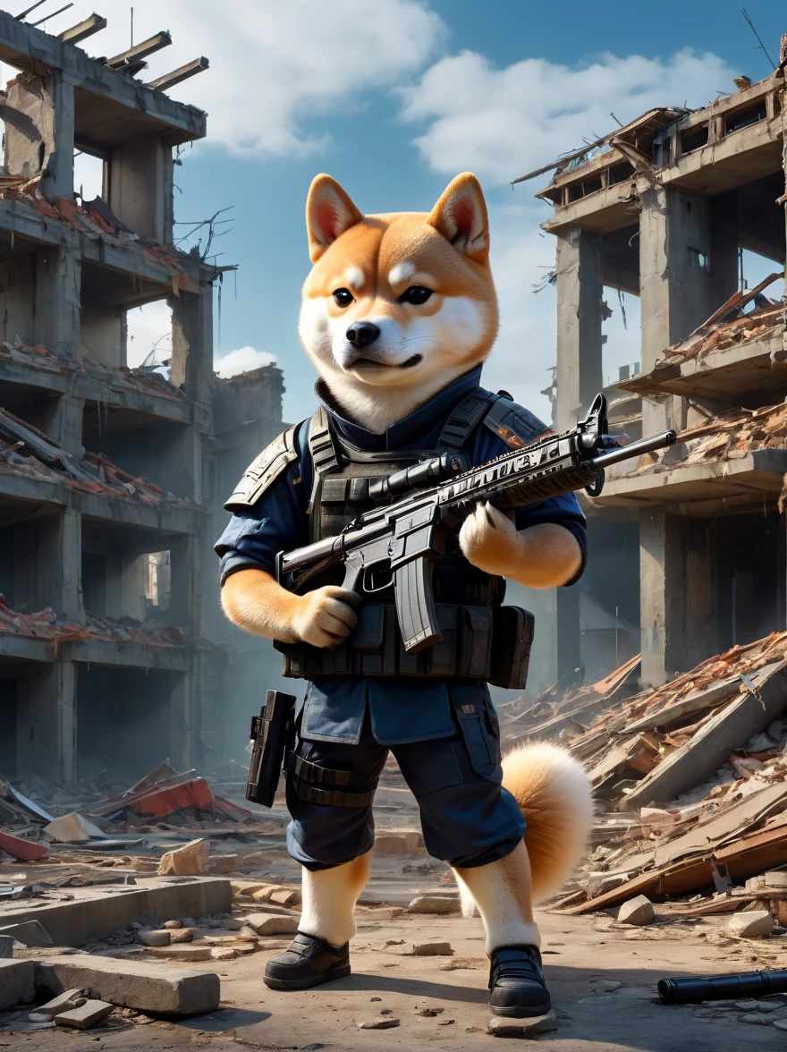 A cyberpunk anthropomorphic Shiba Inu warrior holding an assault rifle,Standing among the ruins of a dilapidated urban environment,Behind are collapsed buildings and broken walls,Dramatic light,Dark and eerie atmosphere,Fine details,Best quality,8k,high resolution,(masterpiece:1.2),Super Detail,(1.4x more realism),HDR,Professional摄影棚照明,Ultra-fine,Clear depth of field,Physically Based Rendering,Extremely detailed description,Professional,Vivid colors,Film texture