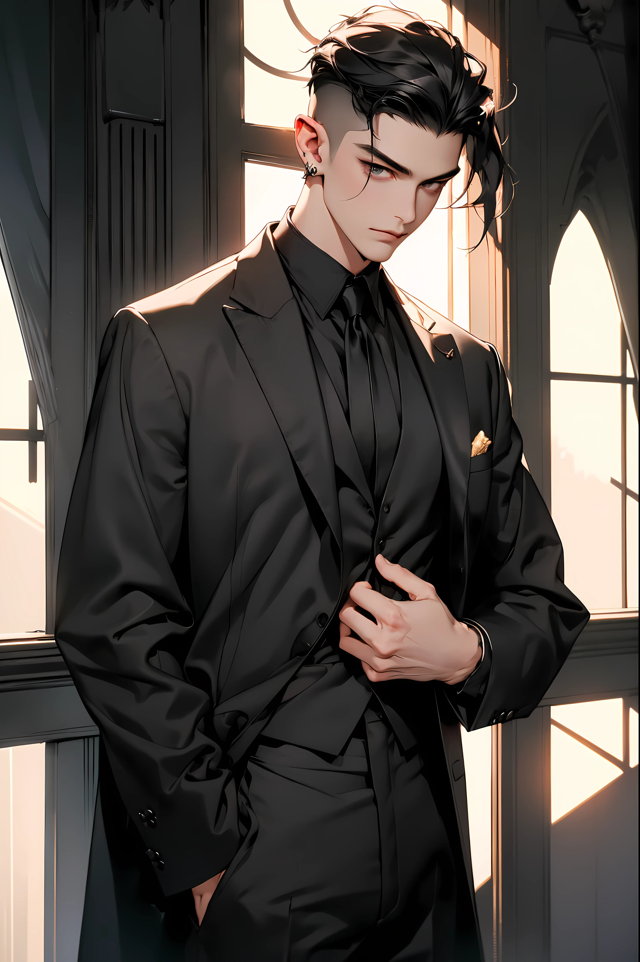 1 boy,father, malefocus,Wearing a black suit,Alone, Handsome men,raised head,Dangerous eyes, golden accessories,The shirt,Black medium long hair, Vampires,ear piercings, Dark, Blackn clothes, Meticulous clothes, gold accessories on clothes,inside a room,looking at viewert,choker necklace,trouser,White color blouse,Wearing a black suit,close your mouth,pale-skinned,artistname,cover abs,Lazy posture,chest muscle,Black pants,Muscular,cropped shoulders,floor to ceiling window,muscle men,buliding,Undercut, globalillumination,sub surface scattering