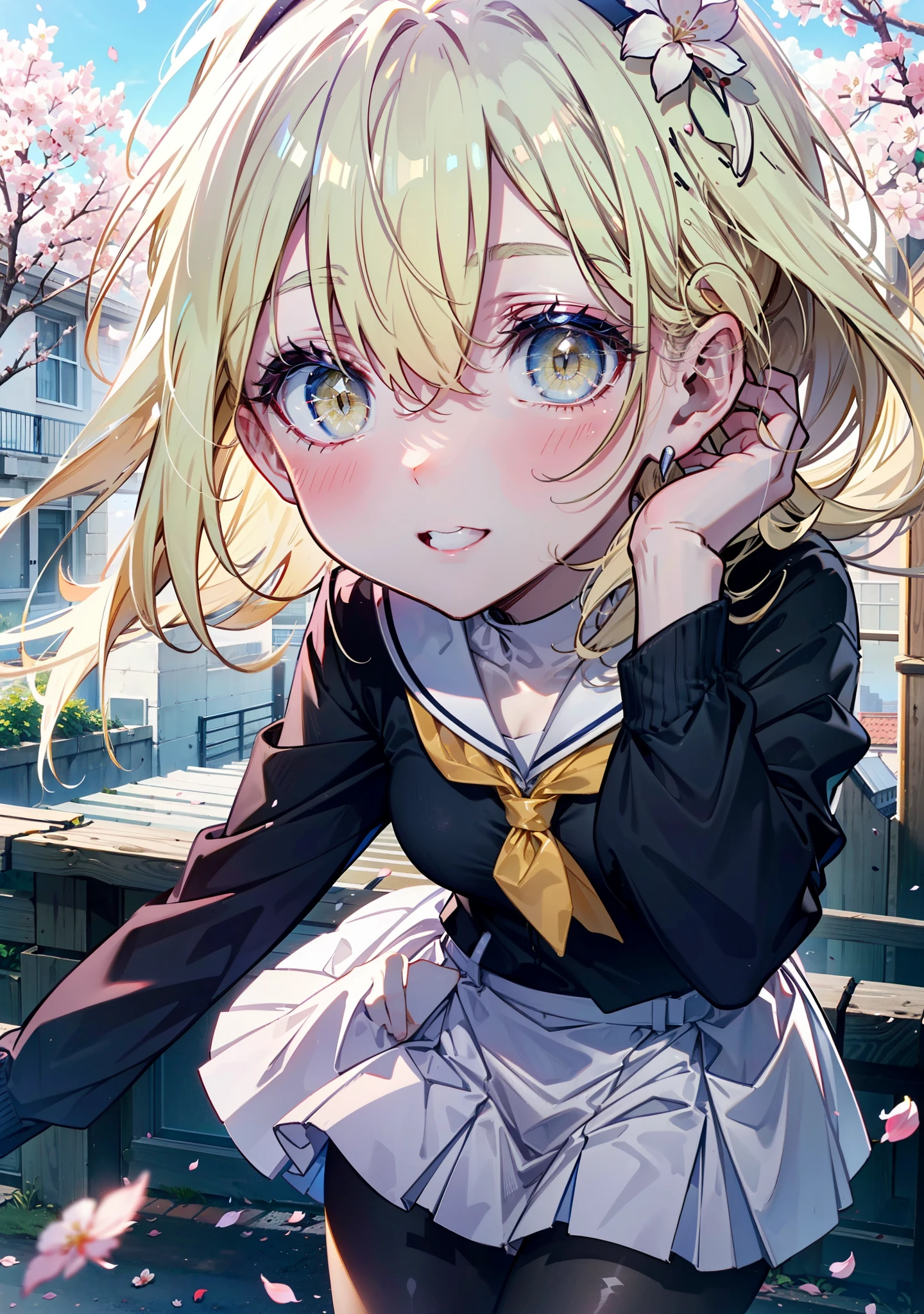 アイスWallenstein, Wallenstein, blonde, Hair between the eyes, hair band, Long Hair, (Yellow Eyes:1.5),happy smile, smile, Open your mouth,smile,blush,Black Sailor Suit,Black pleated skirt,Black Pantyhose,Brown Loafers,morning,morning陽,The sun is rising,Cherry blossoms are blooming,Cherry blossoms are scattered,Cherry blossom tree-lined path,break looking at viewer, break outdoors,School School building, break (masterpiece:1.2), highest quality, High resolution, unity 8k wallpaper, (shape:0.8), (Beautiful and beautiful eyes:1.6), Highly detailed face, Perfect lighting, Extremely detailed CG, (Perfect hands, Perfect Anatomy),