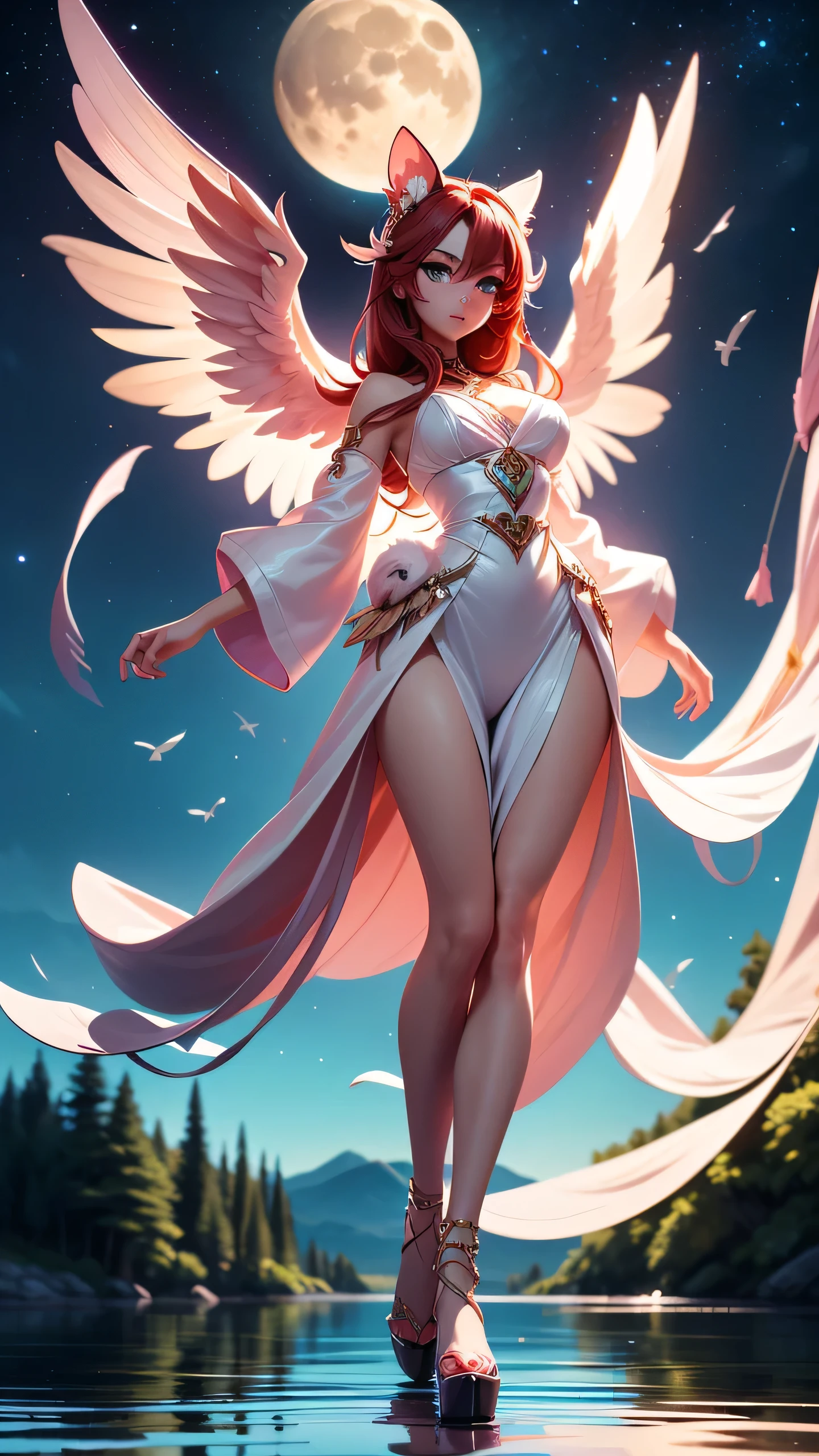 Beautiful harpy female wirh cute furry ears beautiful sky blue eyes and long dark red hair colour dressed in ligh open pink and white robe with transpaten vail parts standing near the nightly forest lake and talking with wind spirits spreading her wings, beatiful wings insead of arms, fiting bird feets. beautiful moon reflection in the lake, High quality anime art , ultra high quality fantasy art, masterpiece, full body figure character, ultra highquality character design, 8k quality anime art, top quality wallpaper illustration, detailed high quality face, highquality design and acurate physcs