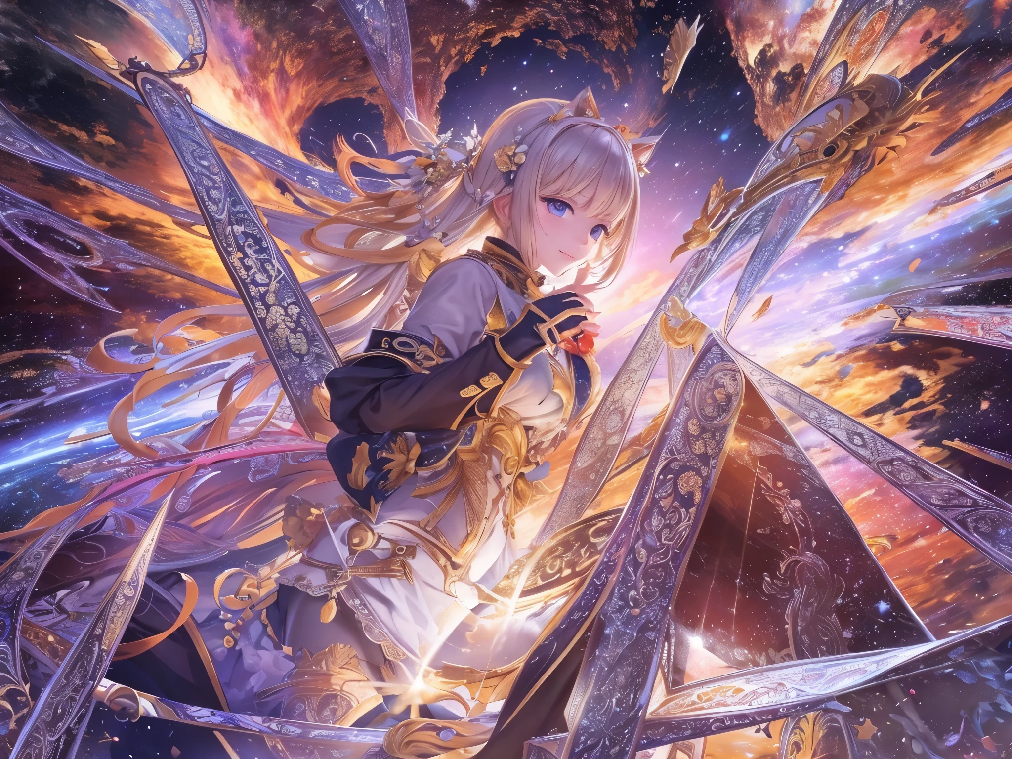 ((highest quality)),(Ultra-high resolution),(Very detailed),(Detailed Description),((The best CG)),(A masterpiece),Ultra-precise art,Amazing drawing art,(Art with precise detail:1.5), smile, Glowing galaxies