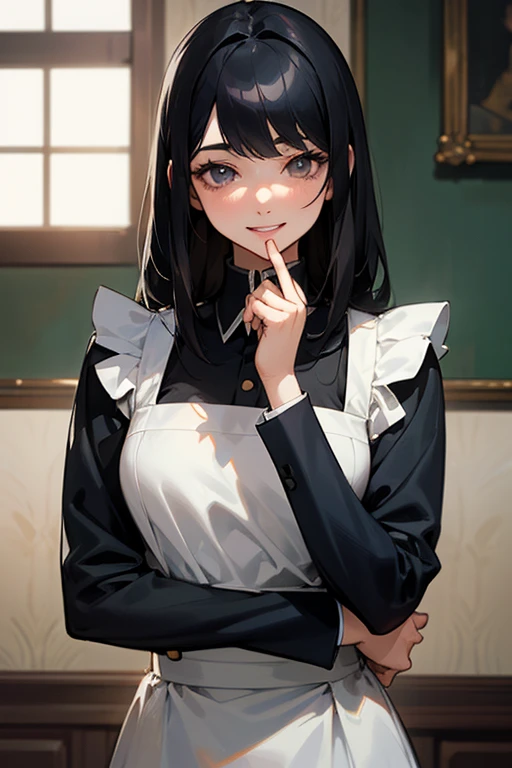 (Highest Resolution, clear_image) highest quality, Single person, One Woman, alone, masterpiece, Very detailed, Semi-realistic, Black Hairのショートヘア, Black Hair, bangs, 18-year-old, mature, light blue uniform, uniform, Indoor Background, kind, Authoritative, powerful, exquisite features, exquisite features、Eyelashes become longer、Showing teeth、smile😀、Maid clothes、Touching hair、Shoulder Bare、