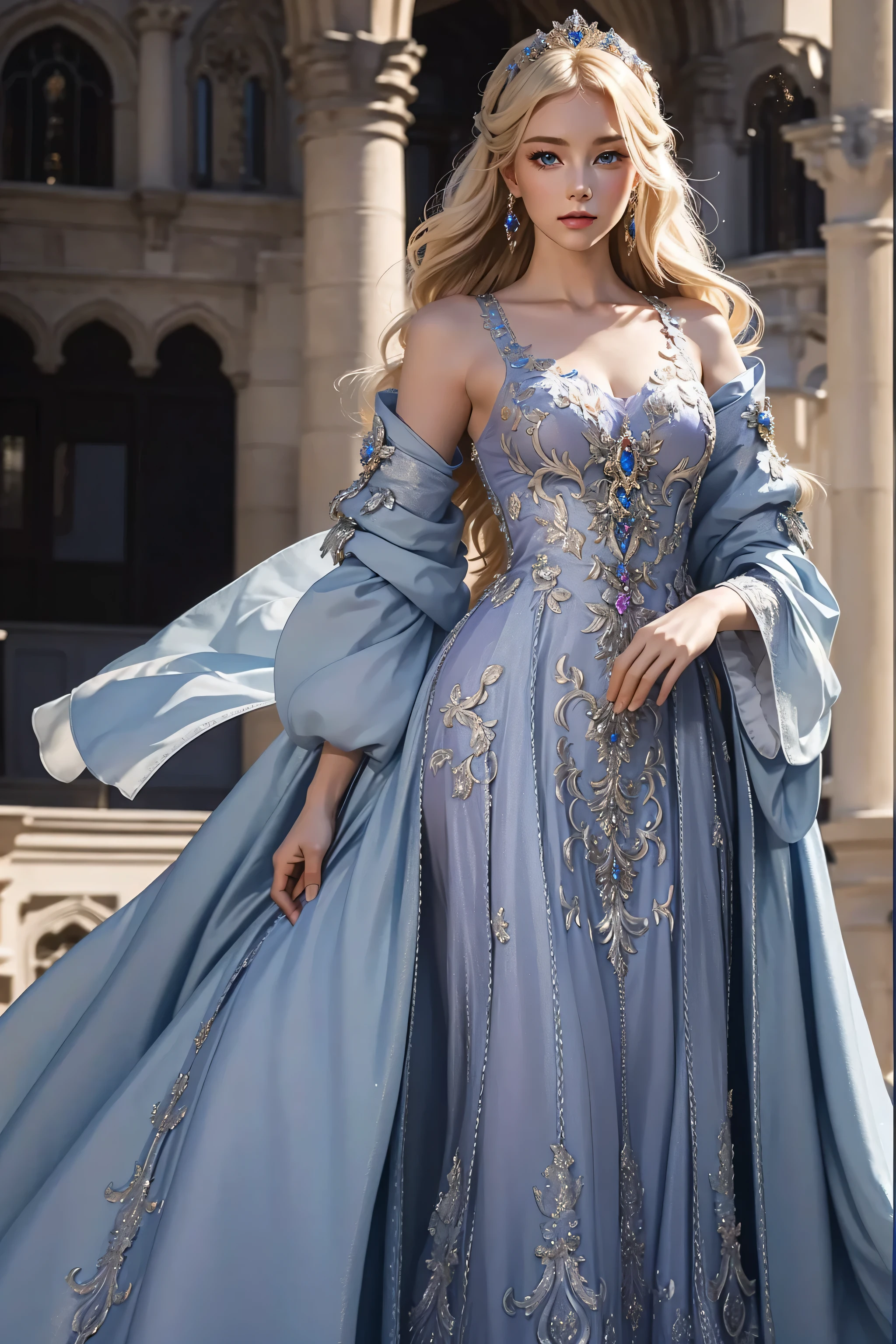 ((top quality、masterpiece、realistic:1.4、In 8K))、beautiful woman、18 years old、Beautiful facial expressions、blond hair、Highly detailed eyes and face、beautiful and delicate eyes、suit gloves、（Gorgeous purple luxury dress in medieval European style、medieval european style headdress)、red dress、luxury accessories、（Woman walking down the hallway of a european style castle）、glass shoeovie lights、textured skin、super detail、high detail、high quality、highest resolution、looking at viewer、Graceful smile、whole body、European、