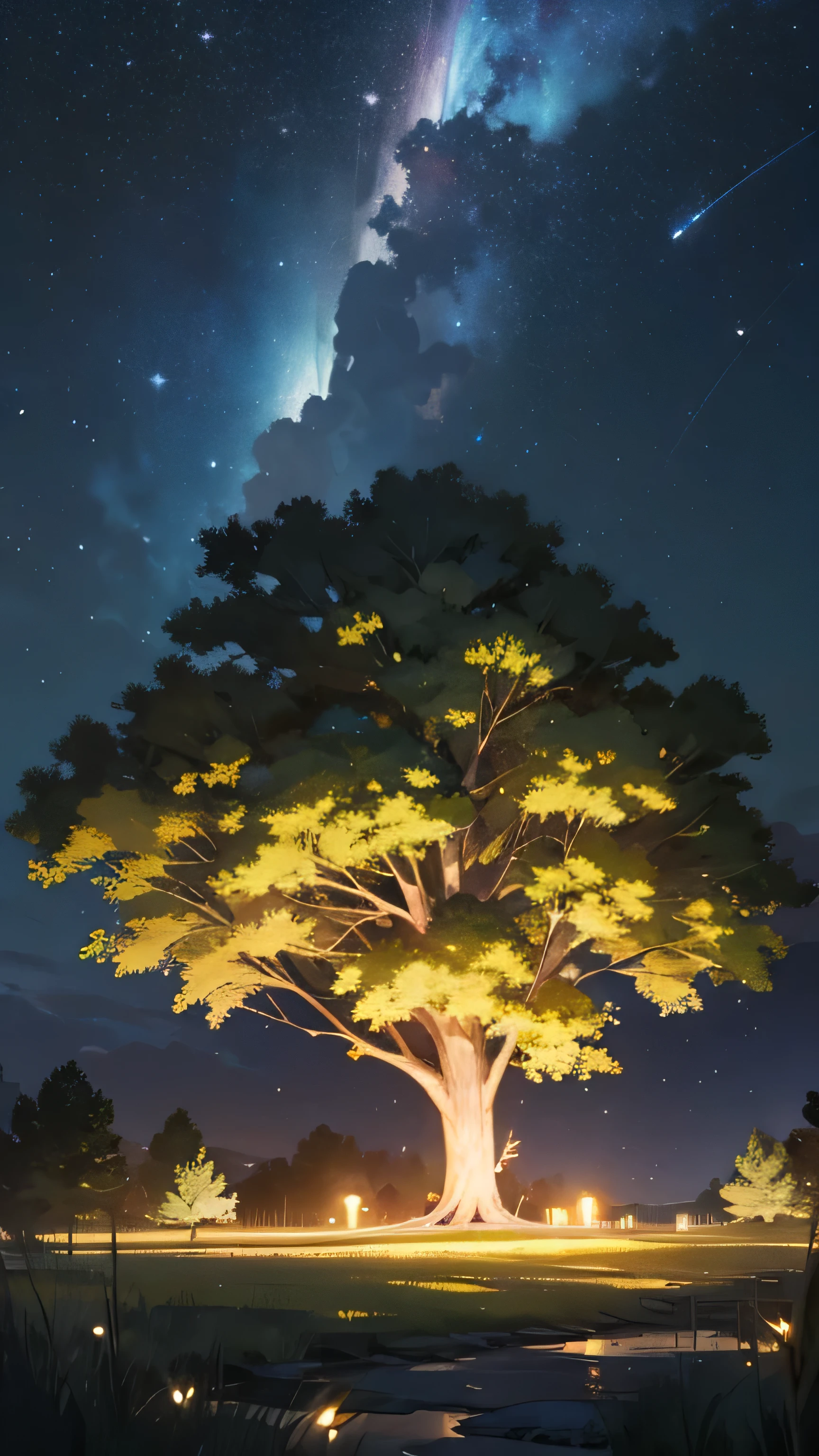 An outdoor landscape with a large tree in the center, with fireflies glowing around it and a starry night sky (more detail)