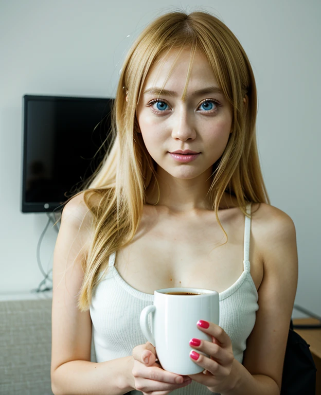 There is a 26-year-old girl holding a cup of coffee in her hand, Nice face girl, Cute natural anime face, He has a nice face - soft -, Sakimi-chan, Chiho, Yoshitomo Nara, Cute young face, Face of a beautiful Japanese girl, Blond hair and big eyes, Cute kawaii girl, Beautiful big, light eyes
