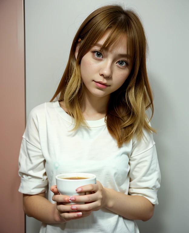 There is a 26-year-old girl holding a cup of coffee in her hand, Nice face girl, Cute natural anime face, He has a nice face - soft -, Sakimi-chan, Chiho, Yoshitomo Nara, Cute young face, Face of a beautiful Japanese girl, Blond hair and big eyes, Cute kawaii girl, Beautiful big, light eyes