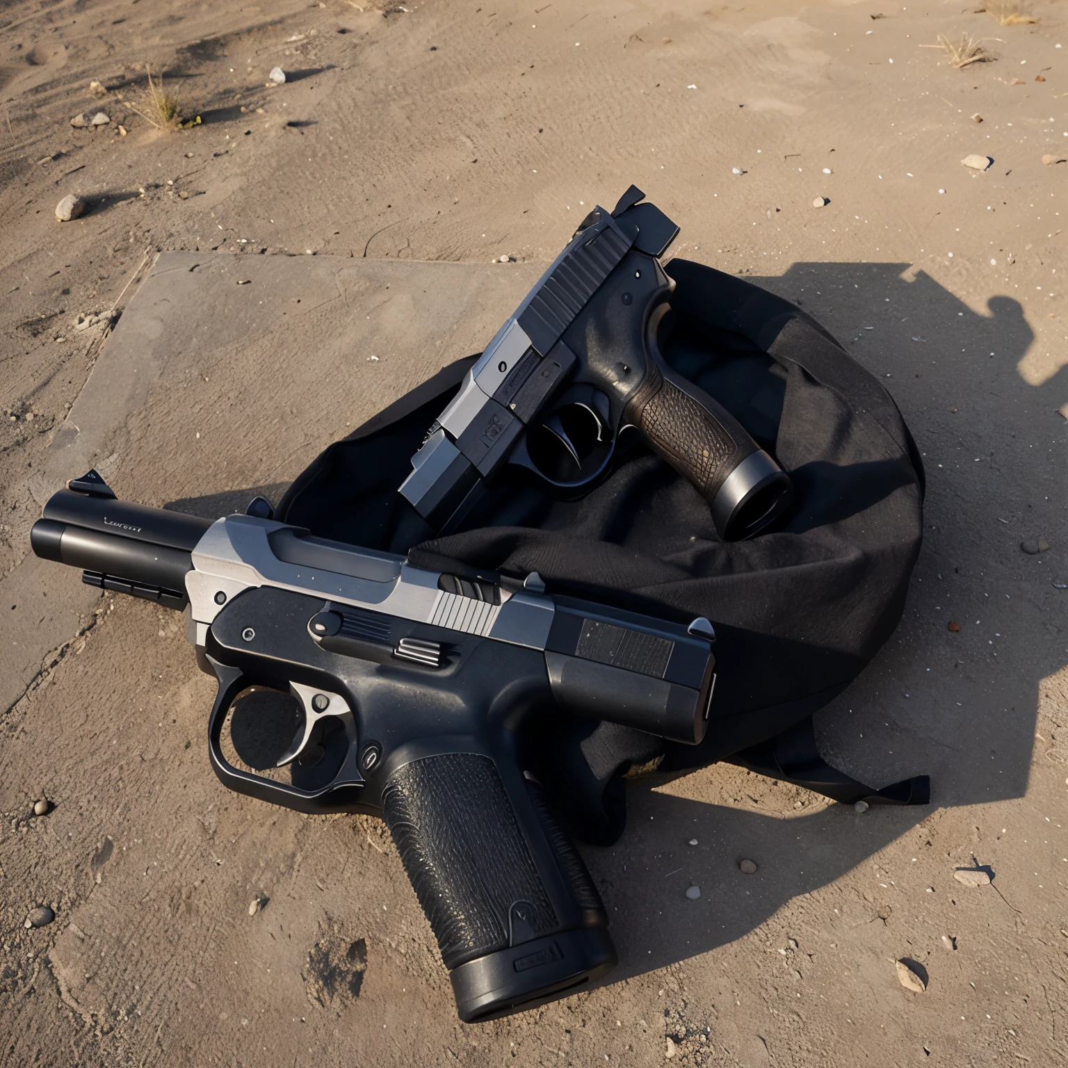 1Pistolet;au sol;centre de l'image; point d'interrogation.