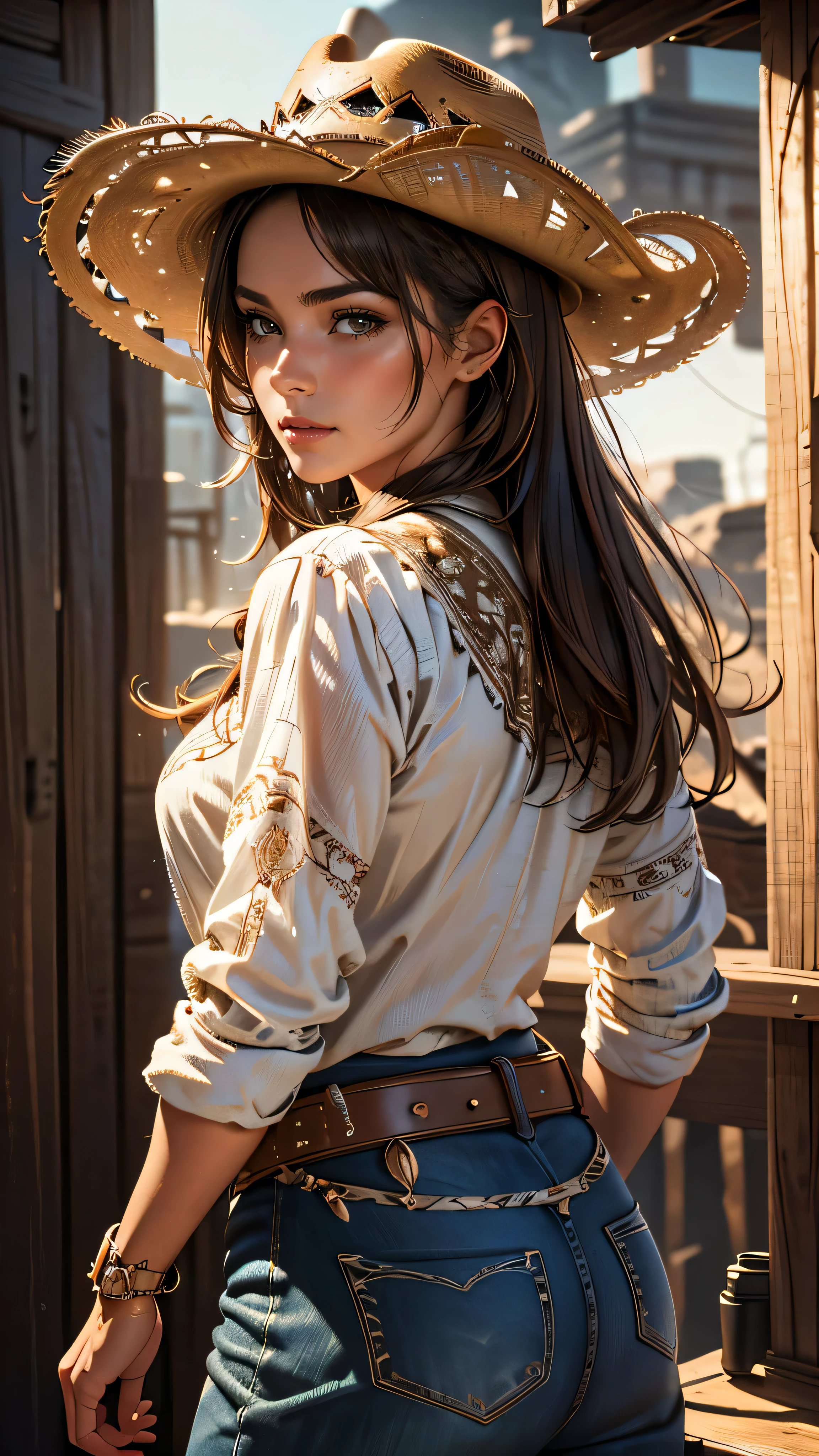 Western Cowboy Style, Cowgirl, photograph, highest quality, Realistic, Realistic, Intricate details, (Fine details), (Intricate details), Cinematic Light, highest quality backlight, clear lines, 8k, Ultra-high resolution, Purelos Face_v1,