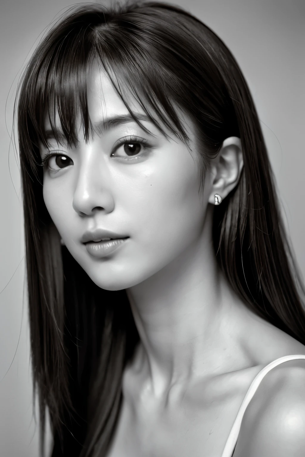 masterpiece, highest quality, Photoreal, Super detailed, High resolution, 8K wallpaper, ((monochrome photography)), 1 girl, Skinny Japanese woman, (((facing the front))), ((Only the lips are in red)), (monochrome photography), brown hair, detailed clavicle, cleavage, perfect face, straight hair, ((look straight at the camera))