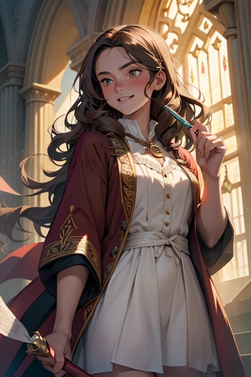 ((masterpiece:1.2), (best quality:1.2), looking at viewer, bare and fair skin,Wizarding world, shimmer reflected on hair, long hair fluttering in the wind, (wavy long hair), hair middle part, energetic , smily, happy , eauropean girl, dark brunette hair, Brown eyes, victorian simple dress, gryffindor, red color, active young girl holding wand, medium B cup breast, charming young lady, Gryffindor robe, harry potter style, light brown eyes. With papers flying around.