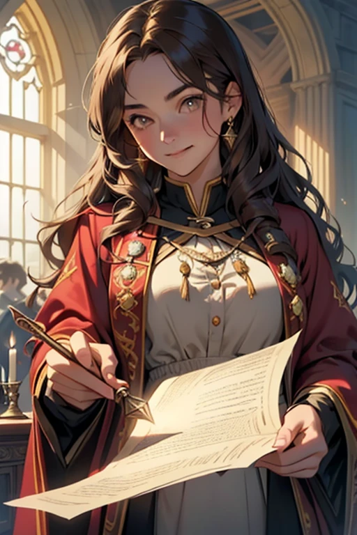 ((masterpiece:1.2), (best quality:1.2), looking at viewer, bare and fair skin,Wizarding world, shimmer reflected on hair, long hair fluttering in the wind, (wavy long hair), hair middle part, energetic , smily, happy , 15 year old eauropean girl, dark brunette hair, Brown eyes, victorian simple dress, gryffindor, red color, active young girl holding wand, medium B cup breast, charming young lady, Gryffindor robe, harry potter style, light brown eyes. With papers flying around.