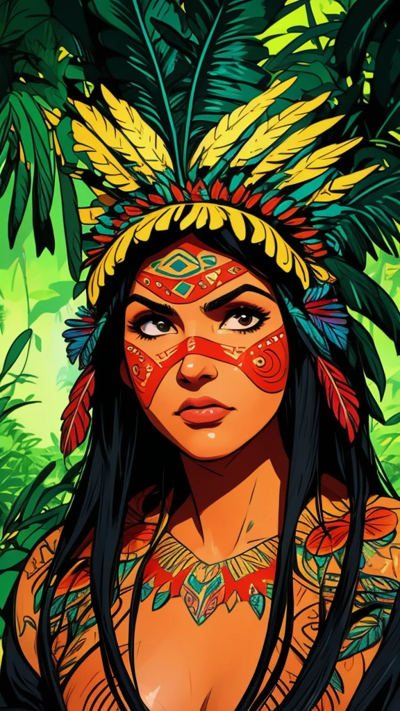 Arte em quadrinhos, pintura digital. A beautiful indigenous girl in native with feathers and feathers on her head, Amazonian indigenous peoples in Brazil, linda jovem feminina brasileira nativa, pintar o rosto, corpo quente, Yanomami Indian in typical costumes,alta qualidade. Amazon rainforest and river bottom. cores vivas, cinematic lighting. detalhado, intricado, detalhado face.