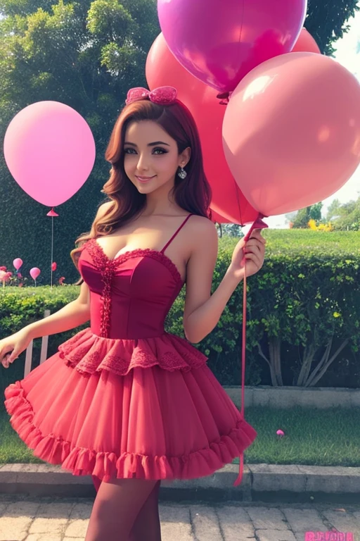 mulher Sexy em um vestido preto, cabelos longos, vermelhos, pantyhose, colorida, holding a red balloon, Moda lolita, wearing a pink romantic tutu, Bela Delfina, Vestido preto e vermelho, wearing red romantic tutu, estilo de cor rosa e vermelho, non-rococo style dress, a huge pink balloon, estampado com um desenho, the design is the word Erika on the balloons.