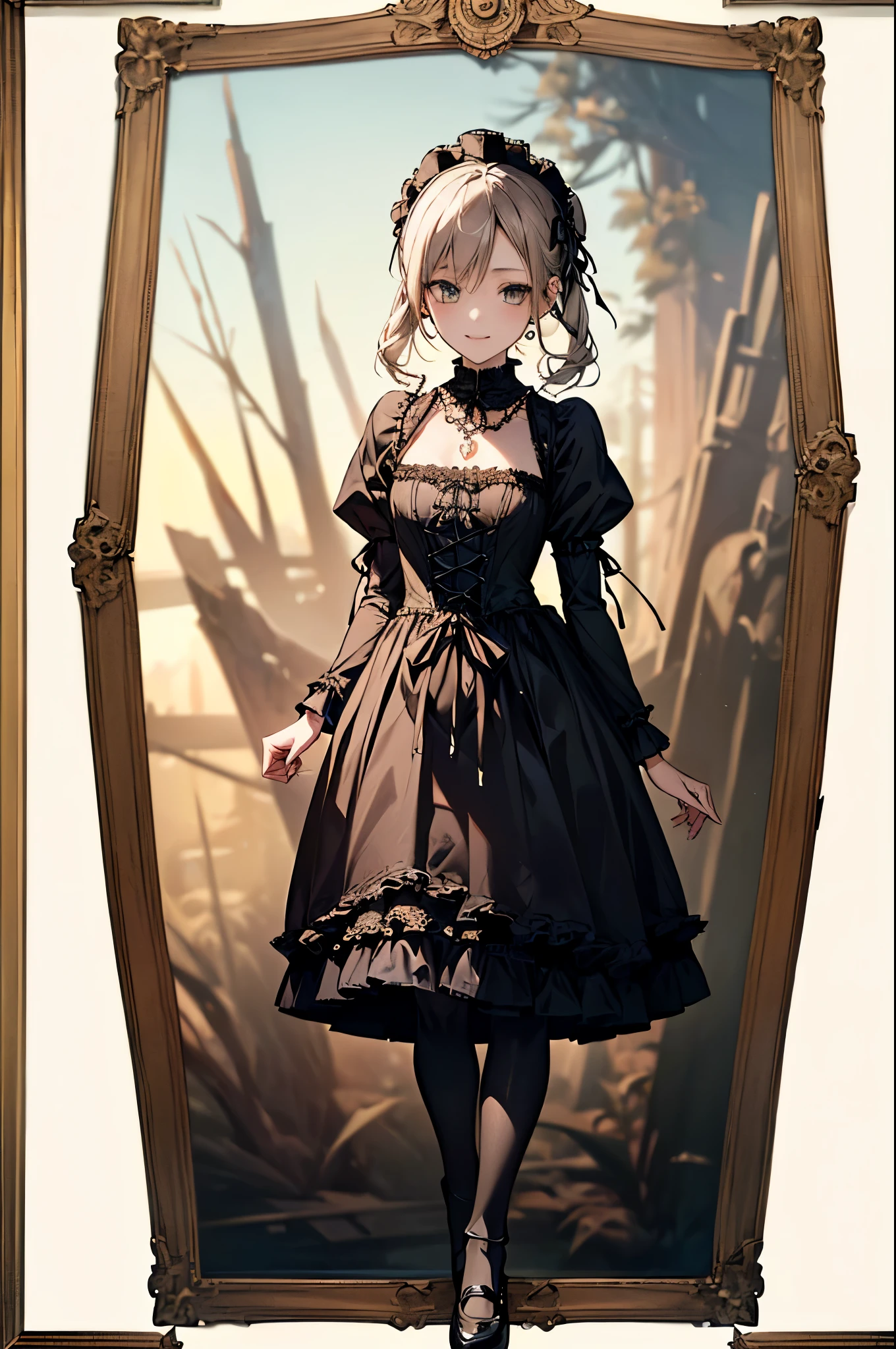 ((Biologically correct number of limbs))、(( Full body photo including face))、4K、((Standing posture))、Masterpiece、((focus on the face))、((Symmetrical facial features))、Eyes with detailed description、Beautiful woman、Outstanding style、Beautiful clavicle、Beautiful legs、Beautiful Hands、Slender Body、(Black Stockings、High heels)、Detailed depiction of faces、Small earrings、necklace、((Gothic ta、Gothic Loli、Sidelong glance、tie、night、(((White frame、White oak、White border photo)))、High angle、smile