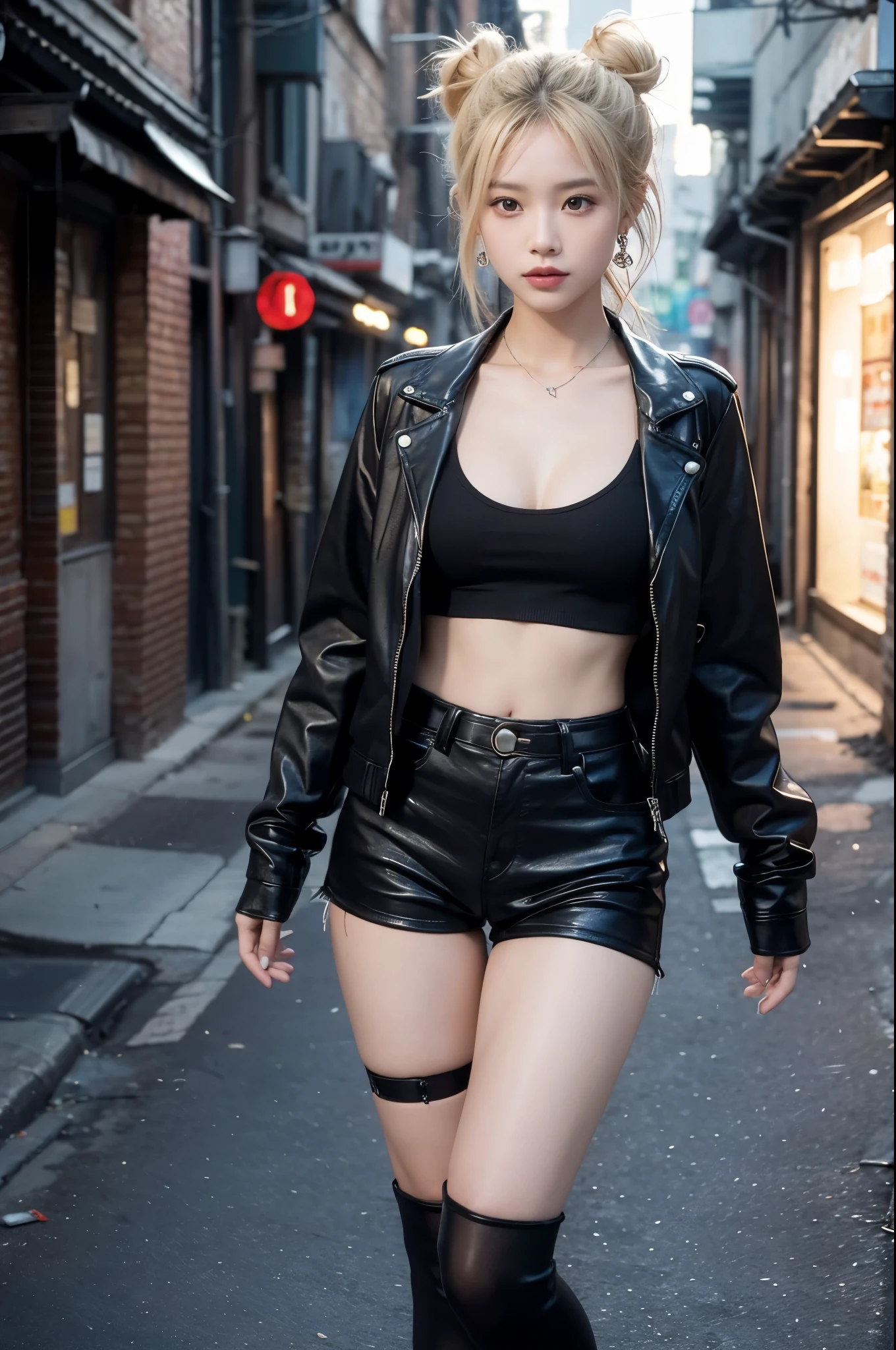 Kelly Hu, Petite, asian, darkskin,blonde hair,  18 year old Chinese woman, flat chested, earrings, eye liner, tattoos, double bun, 4k, very detailed, 80sgirlpearl, Scarlett, eyeliner, ((blonde hair)),  BREAK,  solo, goth girl, 18 year old,, (flat chest:1.3), (combat boots), fishnet stockings, tube top, leather jacket, shorts, petite body, skinny thighs,  walking along a cyberpunk alley at night, ,  set in a post-apocalyptic city alley, broken  windows, debris-filled , masterpiece, best quality,marketplace style, destroyed village, crowd, people, standing, destroyed building, nuclear wasteland, industrial area, cities in alien planet, road, bridge, UnrealisticDream, DV_Kalina_Vicious