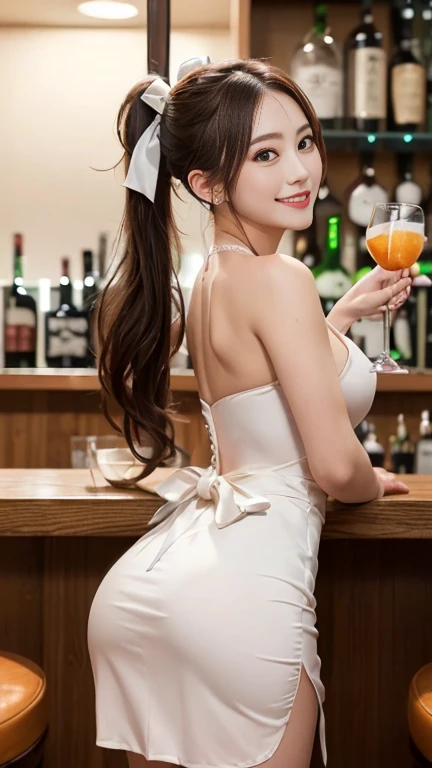 ((masterpiece)), (highest quality), 23 years old,Very detailed, finely, (High resolution), (8k), ((Perfect front viewcomposition)), (Natural color lip),(Side Ponytail:1.3),(((Standing facing forward at the bar))), Look at me and smile))),((Wedding short dress)),((From the whole body to the toes:1.3)),((Perfect front view)),((sitting on a bar stool)),((Model pose)),,((Big ribbon on thigh)),((Normal size buttocks)),((Ample breasts)),((Full and firm breasts)),(Look at me and smile),