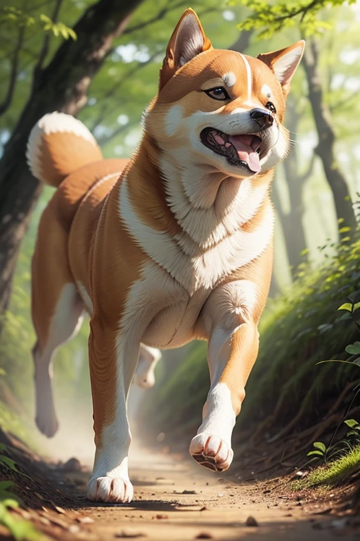1 Shiba Inu、In the woods on a sunny day、Dog running、Beautiful and detailed background