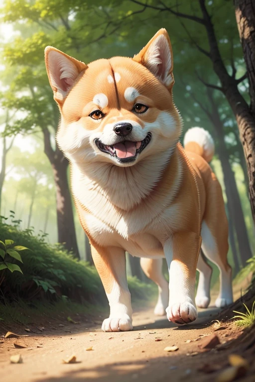 1 Shiba Inu、In the woods on a sunny day、Dog running、Beautiful and detailed background
