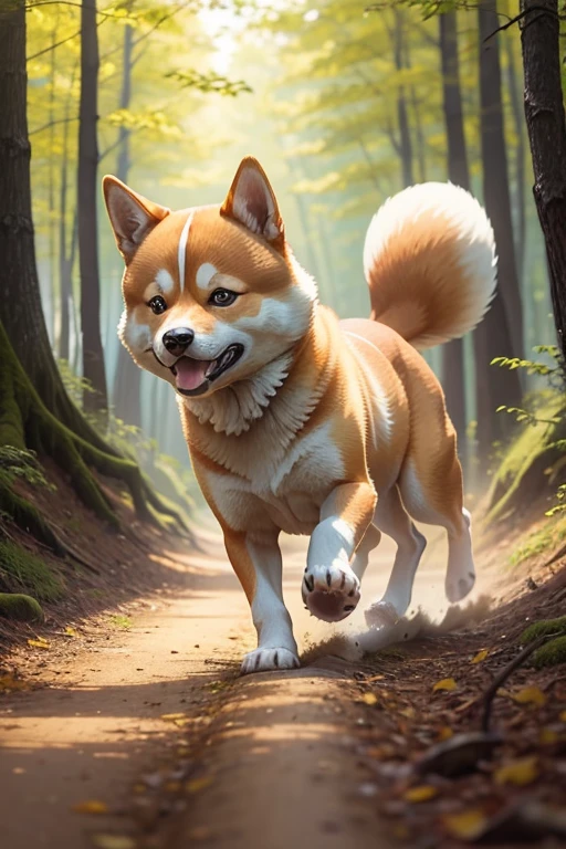 1 Shiba Inu、In the woods on a sunny day、Dog running、Beautiful and detailed background