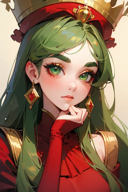 (highest quality, masterpiece:1.2), High resolution, Very detailed, Realistic:1.37, Fantasy, An illustration, Green Eyes、Queen, Red dress.Platinum decoration、beautifully、Eyeshadow Red、Thick eyebrows、Long eyelashes、pupils are black、Her hair is light green、Gold crown、Kissing Face、Embarrassing、Loved、Shoulder Bare、