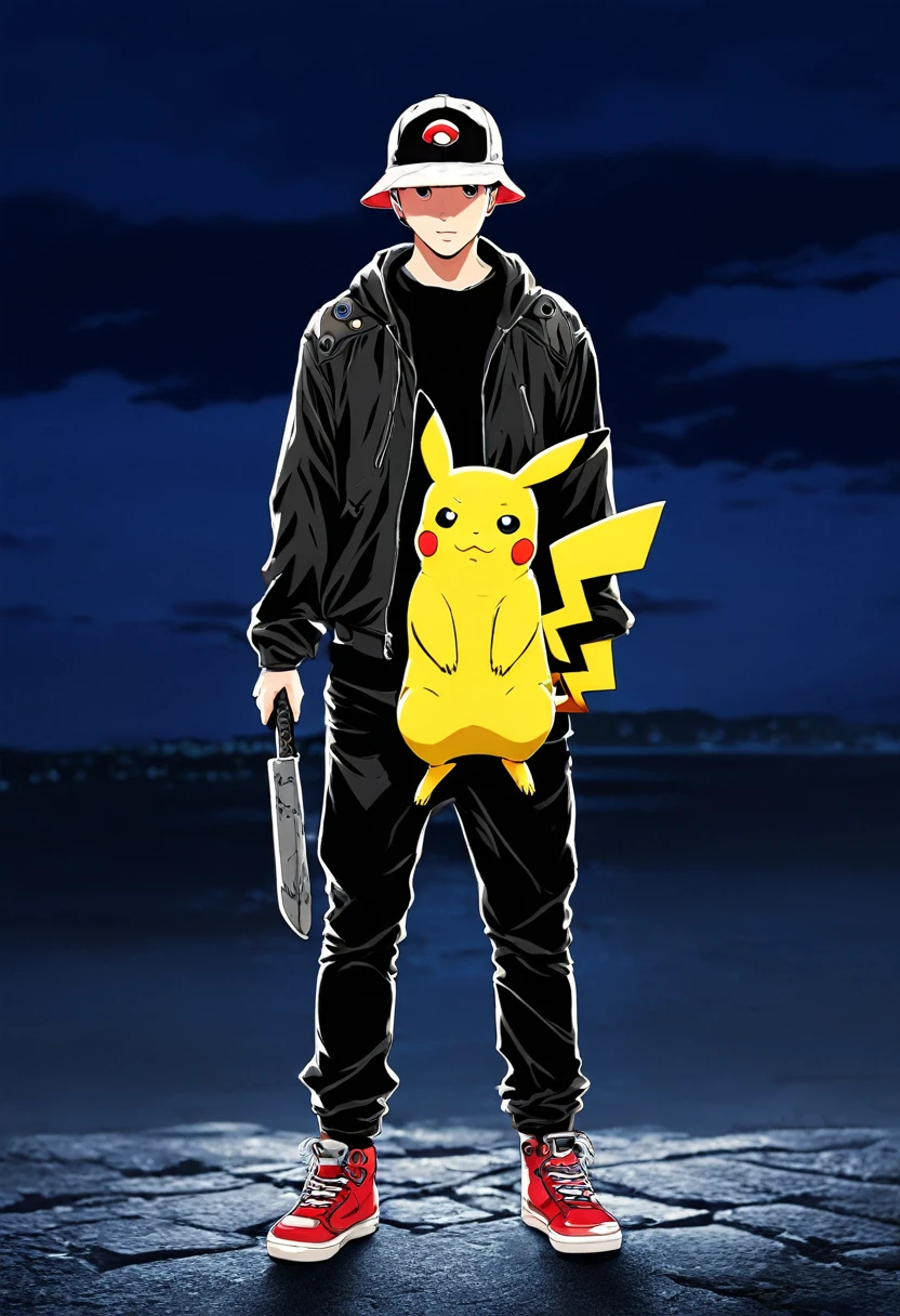 90s anime style, alone, (筋肉質のPikachu) Jason's outfit (Pikachuの手にチェンソーを持たせる:1.5),In the background is an abandoned, abandoned building, Gloomy atmosphere, spooky((Pikachu/恐怖のPikachu)),Cinematic, Detailed body, Fine grain, 8k, highest quality, Full Sharp, Very detailed, Skin pores, Natural skin texture, Superior quality,Horror,