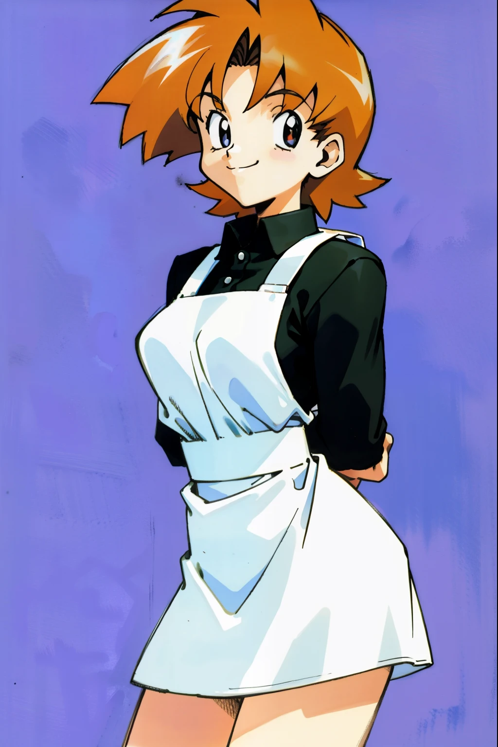 by Ken Sugimori, sugimori 1990s, ((only 1girl)), woman, chubby, white collared shirt, apron, muscular, smiling, shouting ((hands behind their back)), full black pupils, manga, best quality, highly detailed, clean lines, cowboy shot, good hands, good eyes, hd, 8k, professional, symmetrical, hires, 8k,