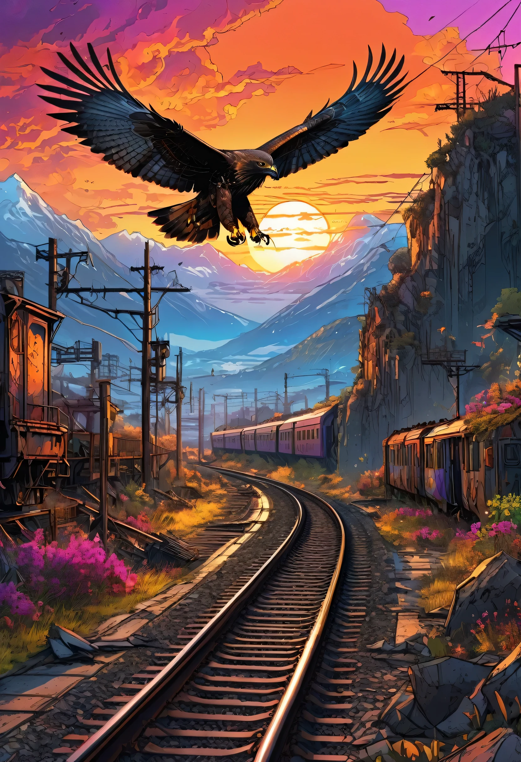 🧊post-apocalyptic environment,railway, sunset,bright colors, mountains,fantastic landscape, Sketch art, a comic, dark botanical,A hawk is circling in the sky, hyper-detailed hawk