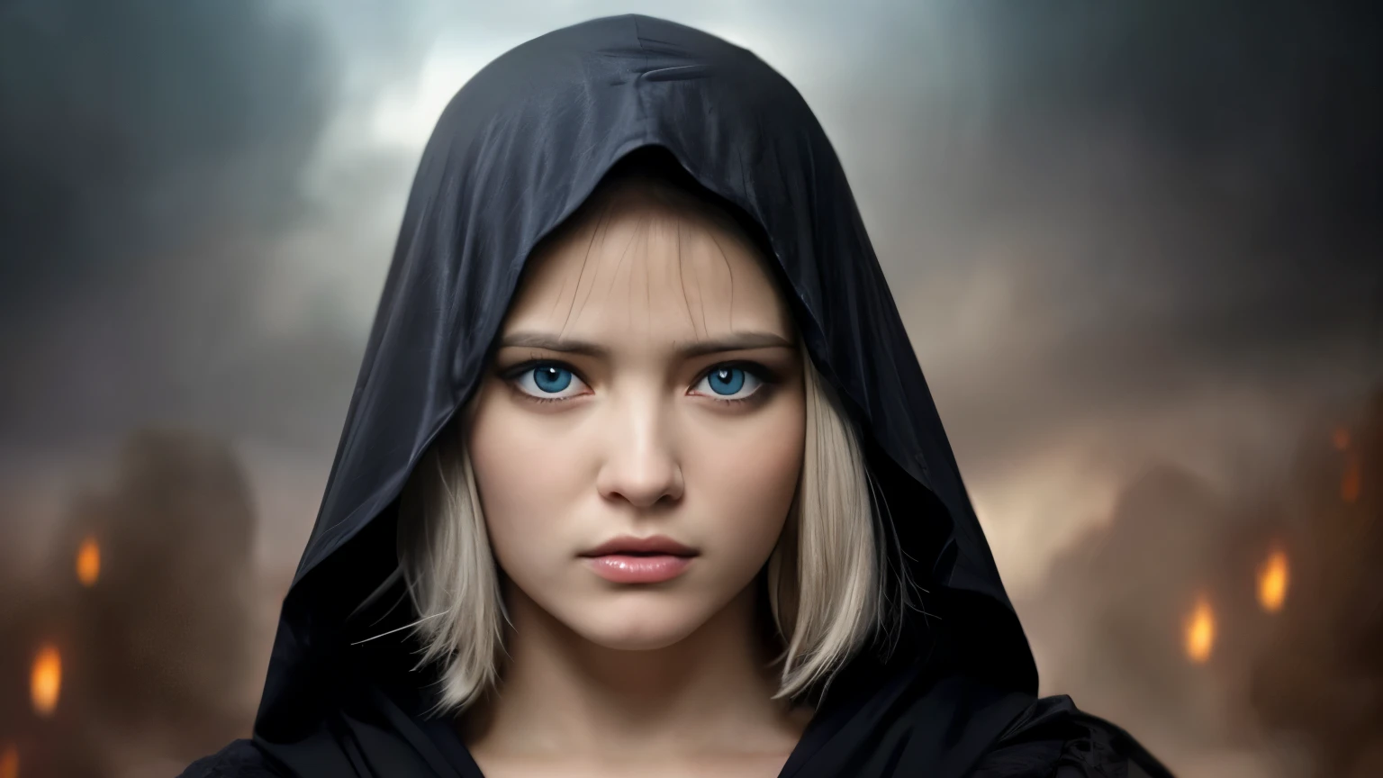 A captivating American photograph taken in 8k with sharp focus and lifelike realism, showcasing intricate details and cinematic color grade. A 18-year-old woman with a demonic allure, adorned with asymmetrical bangs, short white hair, celestial blue eyes, and dressed in a black hooded cloak and white lace undergarments, symbolizing eternal youth and enchanting seductiveness. Hidden secrets and an air of melancholy hang over her, as she expresses a penetrating gaze, evoking strong emotions and a threatening vibration. Her pose exudes supernatural sensation and an aura of misterious, sickening