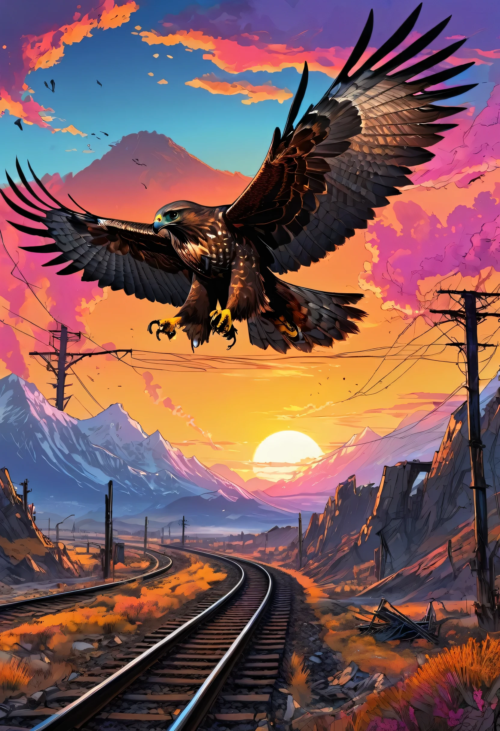 🧊post-apocalyptic environment,railway, sunset,bright colors, mountains,fantastic landscape, Sketch art, a comic, dark botanical,A hawk is circling in the sky, hyper-detailed hawk