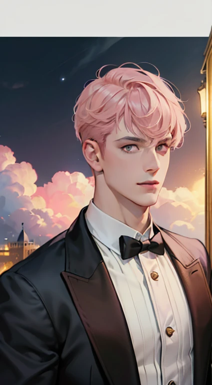 undercucho Close Portrait of Elegant Person [undercucho] in bespoke MAN suit: tall muscular man, classic style, intricate detial baroque, elegant, bright lights, highly detailed, digital painting, artstation, concept art, soft and sharp focus, portrait , illustration, art by wlop, mars ravelo and greg rutkowski (High detail skin: 1.2), 8k uhd, DSLR, soft lighting, high quality, film grain, Fujifilm XT3 mix4, male model, (((1 MAN))) suit, seductive, Florence, Italy background, (((/LOOKING AT THE VIEWER/))) ((((SHORT PINK HAIR))) (((LONG BANGS))) (((VIOLET EYES))) (((DELIGHTED LOOK))), SMILE, MYSTERIOUS AURA, night, bokeh, depth of field, (upper body: 1.0), best quality, intricate details, detailed eyes, masterpiece, film grain, 1900s, kodakchrome, flashlight, strange smoke around him, MASTERPIECE